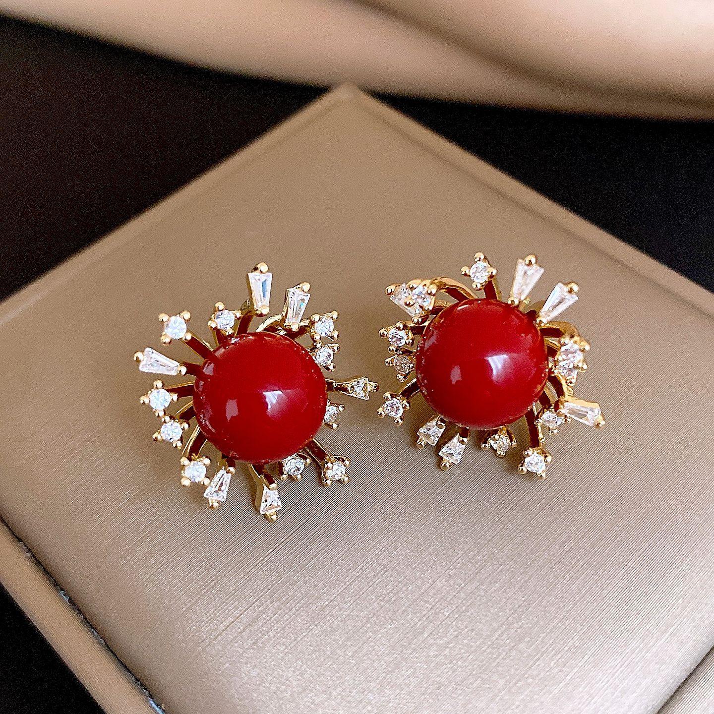 New Year s red resin zircon fireworks stud earrings sweet versatile earrings women