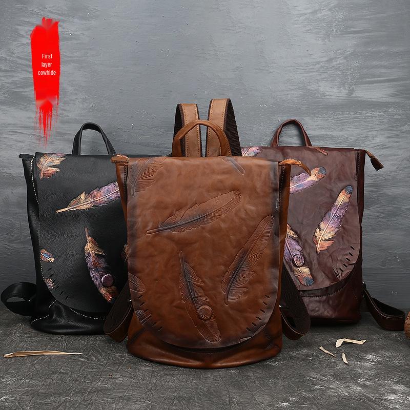 Artistic Embossed Genuine Leather Women's Backpack - Large Cowhide Travel Bag In National Style