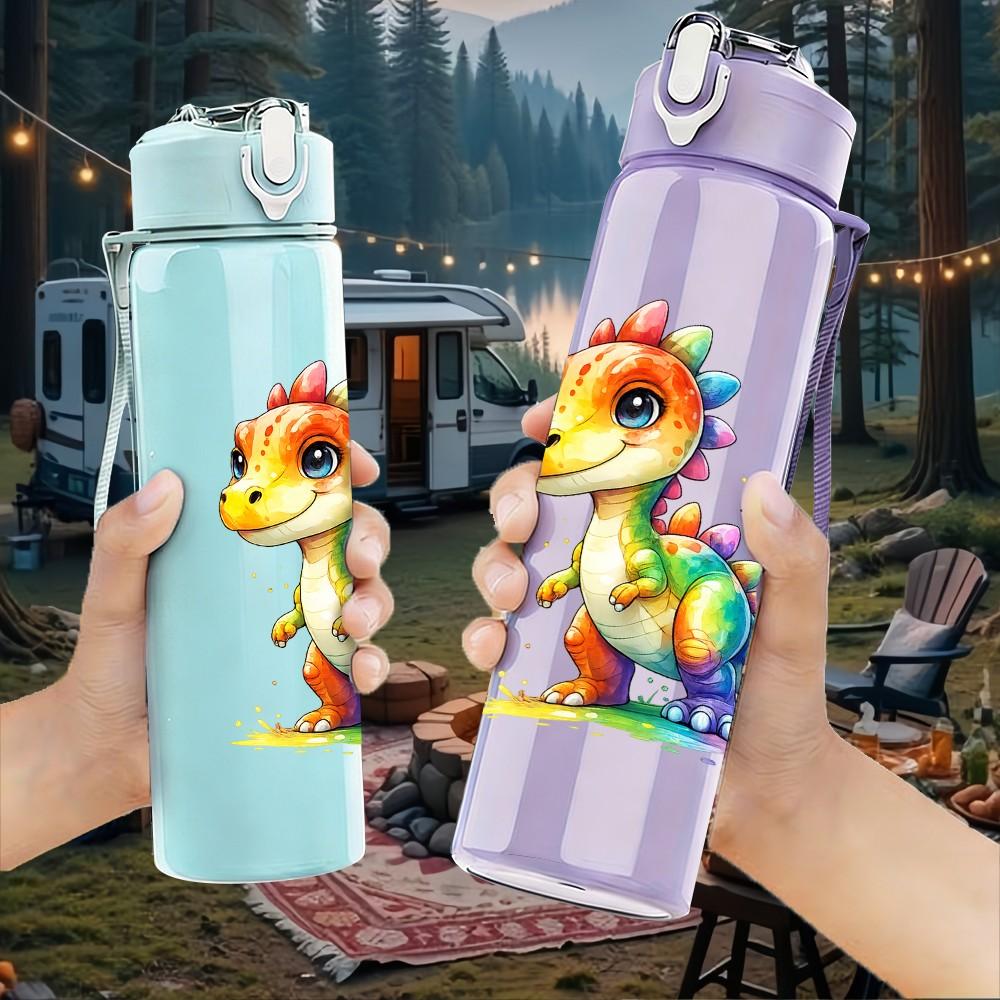 1PC Colorful Baby Dragon Cartoon Print 750ml Color Plastic Sports Water Bottle Leakproof Flip Straw Lid Suitable for Sports Office Home Use