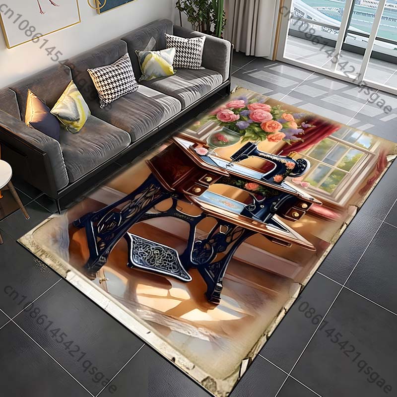 Retro sewing machine poster Pattern Rug Carpet for Living Room Bathroom Mat Creative Doormat Carpet for Bedroom Home Decor