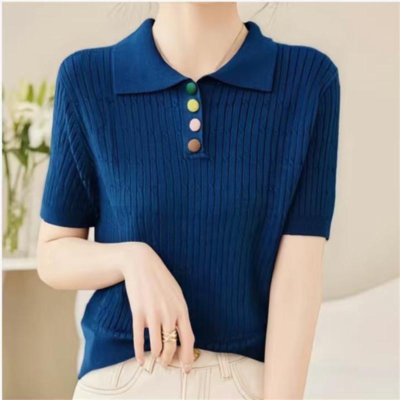 Loose large board twist rope twist polo lapel knitted sweater t-shirt women's summer thin thin short waist