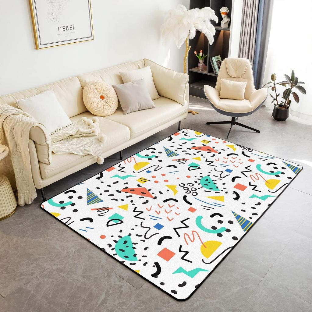 Memphis Area Rug, Hipster Retro Doormat, 80s 90s Hip Hop Funky Colorful Pop Art Inspired Carpet for Playroom Geometric Floor Mat