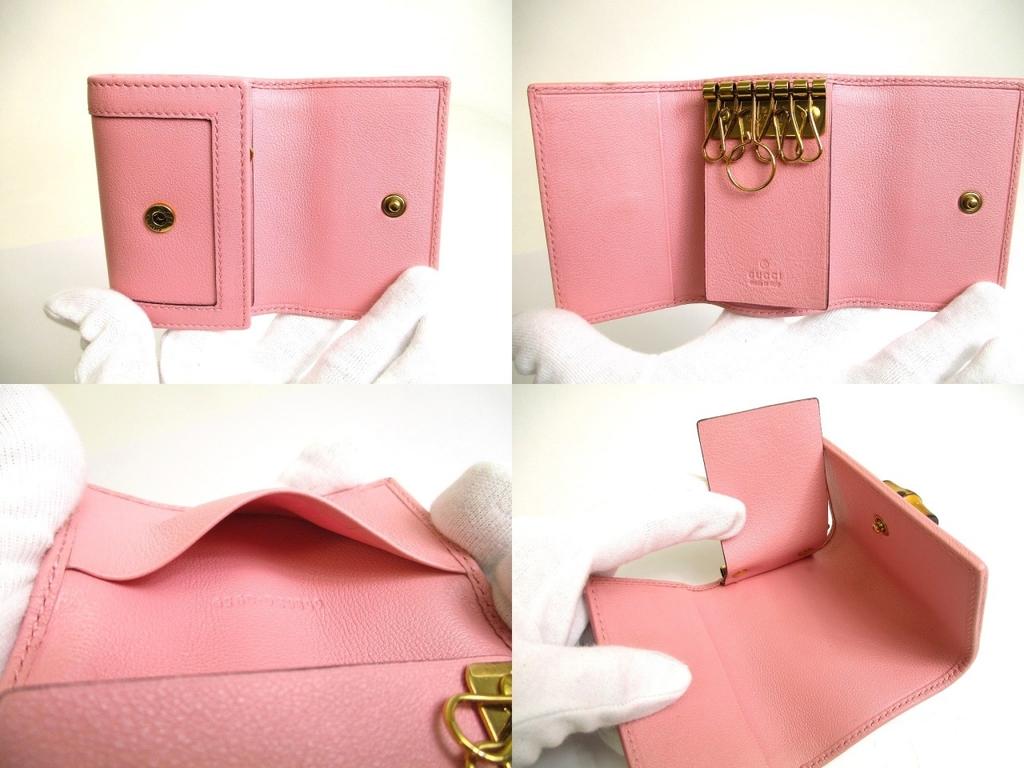 Authentic GUCCI Double G Bamboo Pink Leather 6 Pics Key Chain #a611 Refurbished