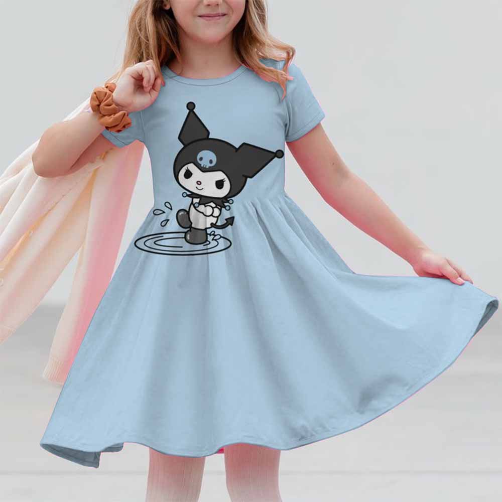 Sanrio New Summer 3-14 Year Old Girl Kuromi Hello Kitty Printed Short Sleeved Dress Loose And Comfortable Party Home Dress