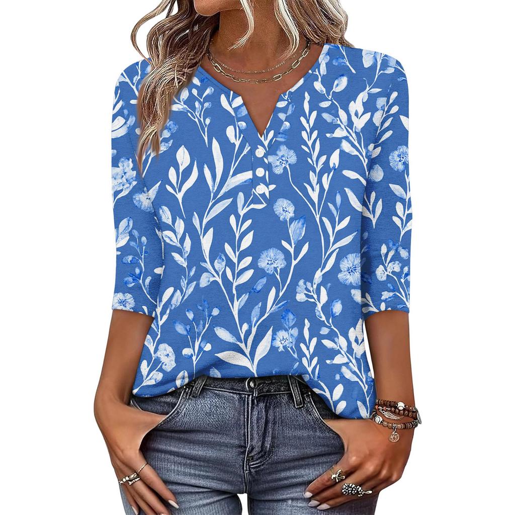 Women's Fashionable Casual Retro Floral Print V-Neck Button-Down Three-Quarter Sleeve T-Shirt Top