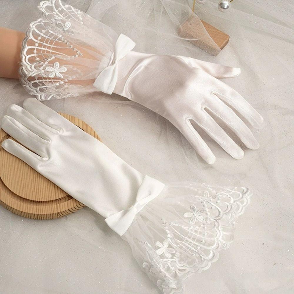 Lace Mesh Bride Dress Gloves Bow Pearl Chiffon Gloves Vintage Etiquette Gloves Prom Cosplay