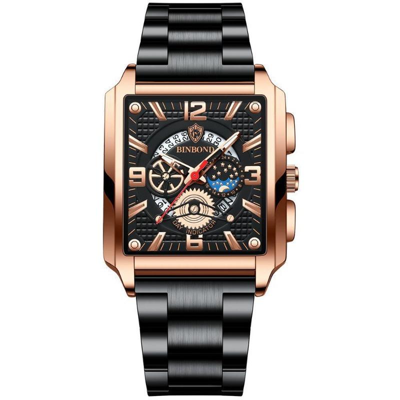 Binbang BINBOND Square Retro Men's Quartz Watch Multi-functional Luminous Waterproof Watch