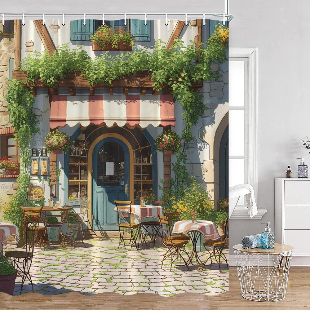 Hand-painted Street View Shower Curtains European Garden Cafe Green Plants Flowers Greenery Bathroom Decor Modern Bath Curtain