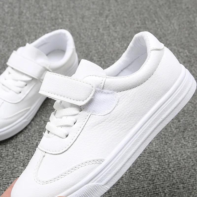 New Spring All White Children Leather Shoes Boy Student Leisure Girl Sneakers Lightweight Casual School Shoes Flat I06055