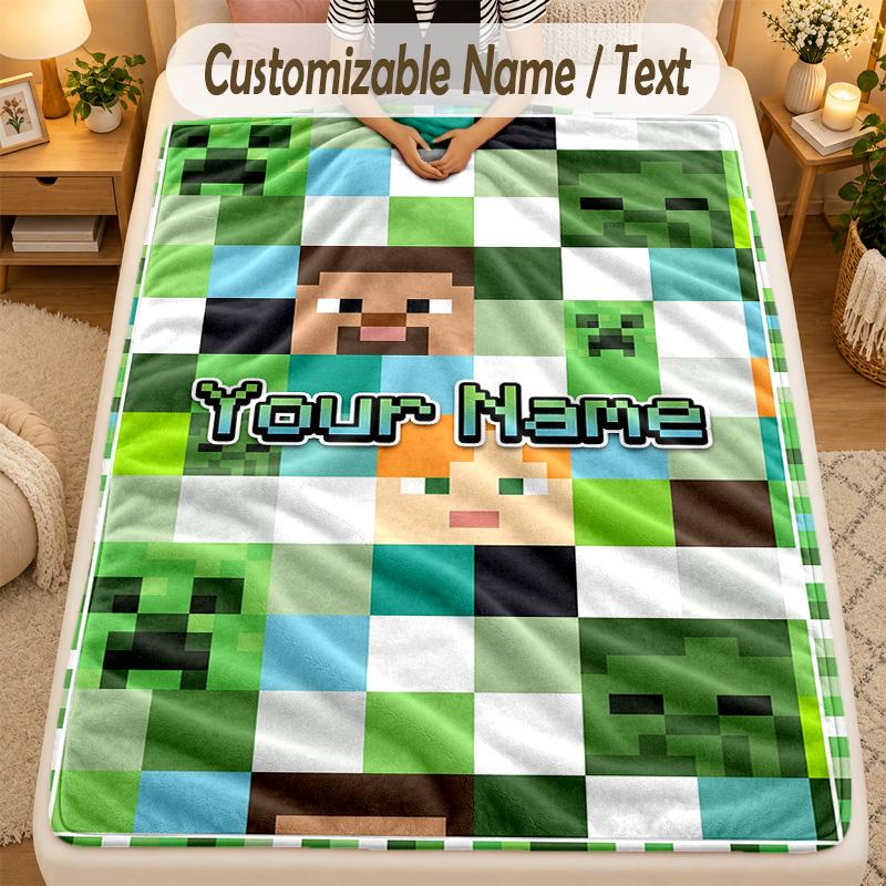 Flannel BlanketMinecraft Custom Name Text Personalized Soft Warm Throw Blanket Home Decor Gift