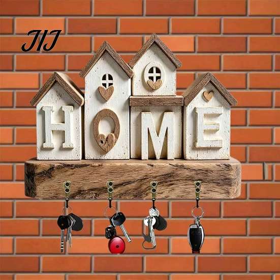 Vintage Campervan Wall Art Wooden Key Holder Rack, Camping RV Pattern Rack with 4 Hooks, Hook for Home 2D Farmhouse Mount Organizer Entryway