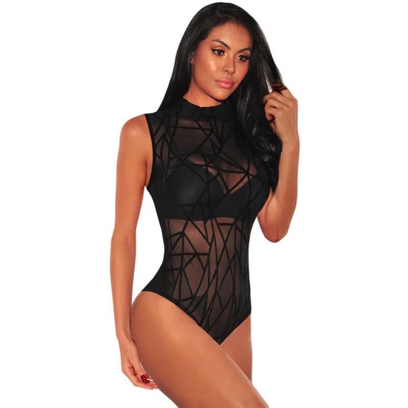 New Fashionable Sexy Long-sleeved Turtleneck Lace Sexy Textured High-waisted Fun Onesie Pajamas See-through See Through Bodysuit