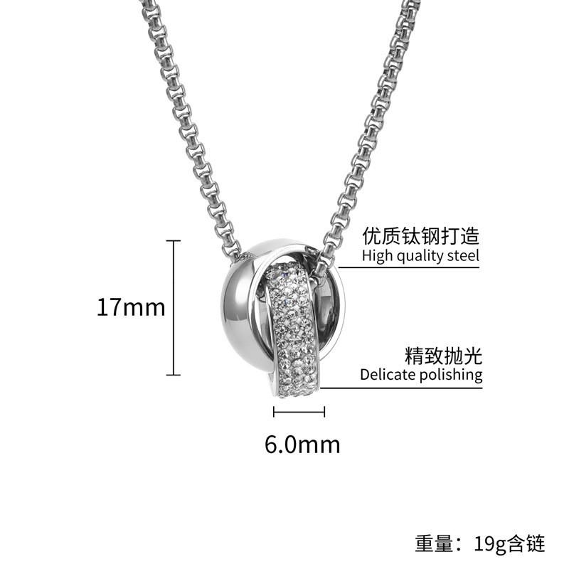 Stainless Steel Double Ring Pendant Necklace Men Hip Hop Style Long Chain With Crystal Charm Geometric Design