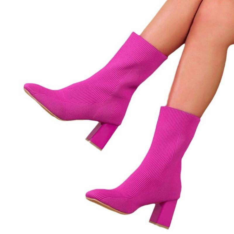 Elastyczne botki damskie nowe jesienno-zimowe kwadratowy nosek tkane na muchę duży rozmiar damskie botki gruby wysoki obcas średnia cholewka cienkie botki