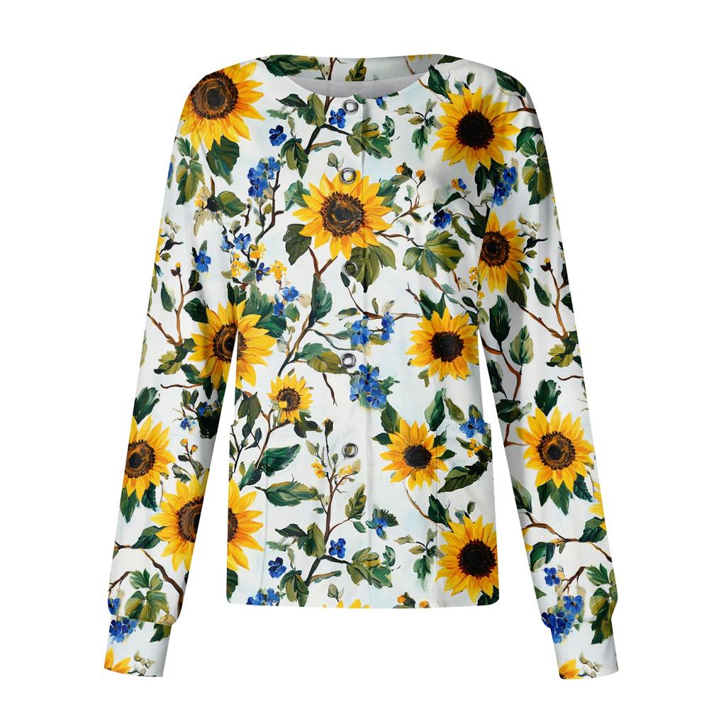 Women's Long Sleeve Button Front Floral Print Medical Scrub Top Lightweight Comfortable Fit Nursing Uniform Shirt