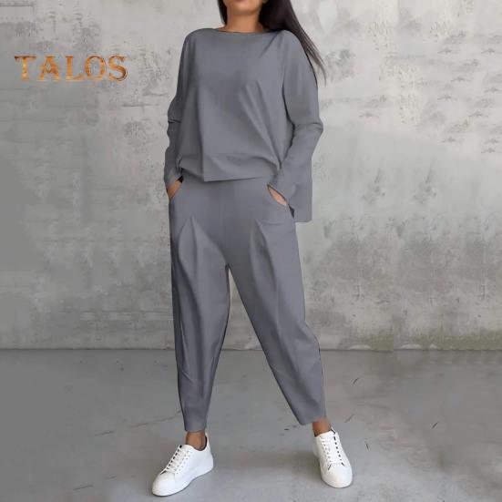 2 Teile/satz Herbst Frühling Frauen Top Hosen Set Lange Ärmel O Neck T-shirt Elastische Taille Hose mit Seite Taschen OL Pendeln Sport Hosenanzug Outfit