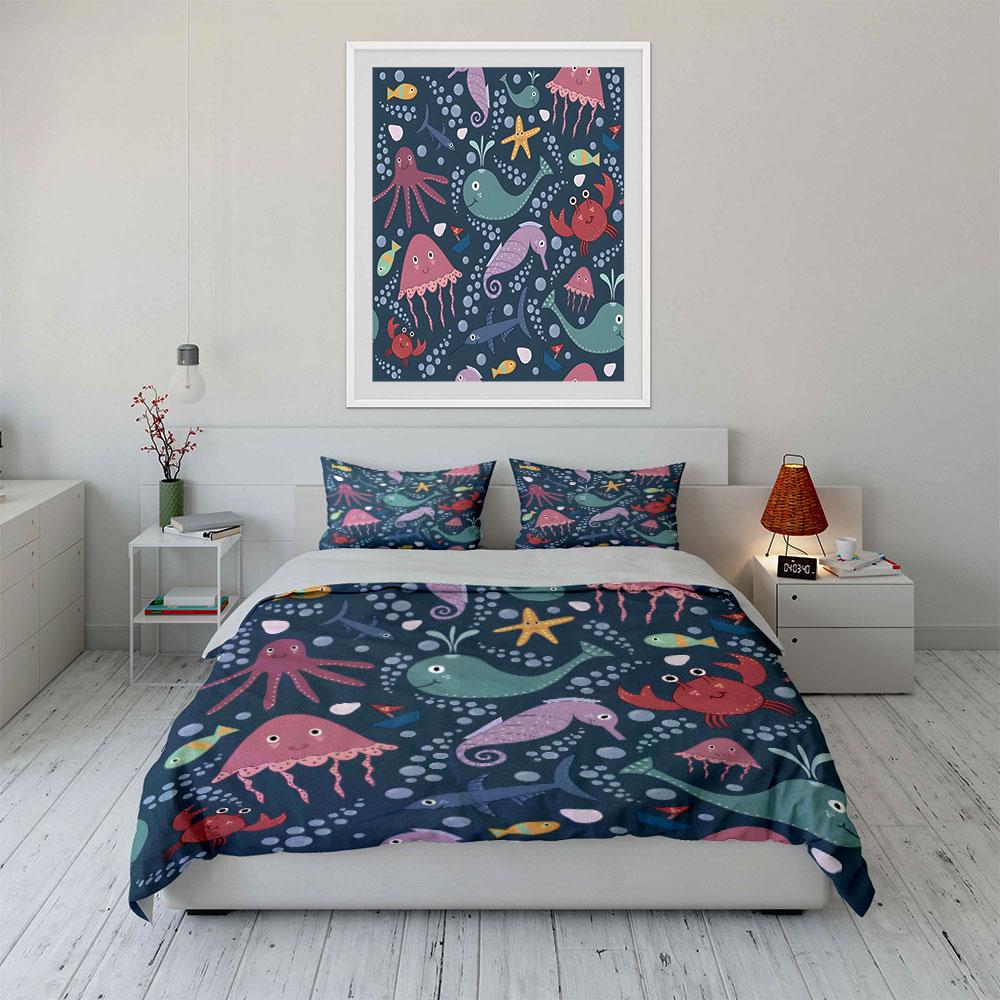 Cute Ocean Animals Pattern Bedding Duvet Cover Set (1*Duvet Cover 2*Pillowcases, without duvet insert)