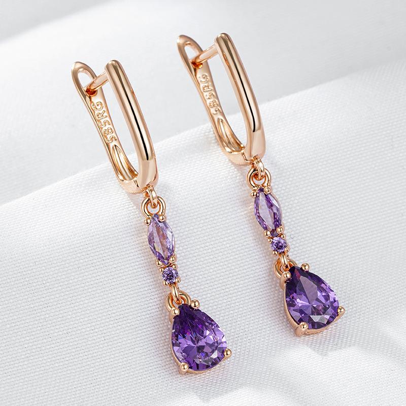 Shiny Purple Natural Zircon Drop Earrings For Women Trend  Rose Gold Color Bride Wedding Fine Jewelry Crystal Gift