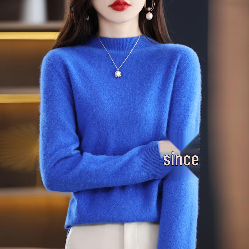 Women's Seamless Pure Wool Half-High Neck Loose Knit Sweater - Autumn Winter Cashmere Base Layer
