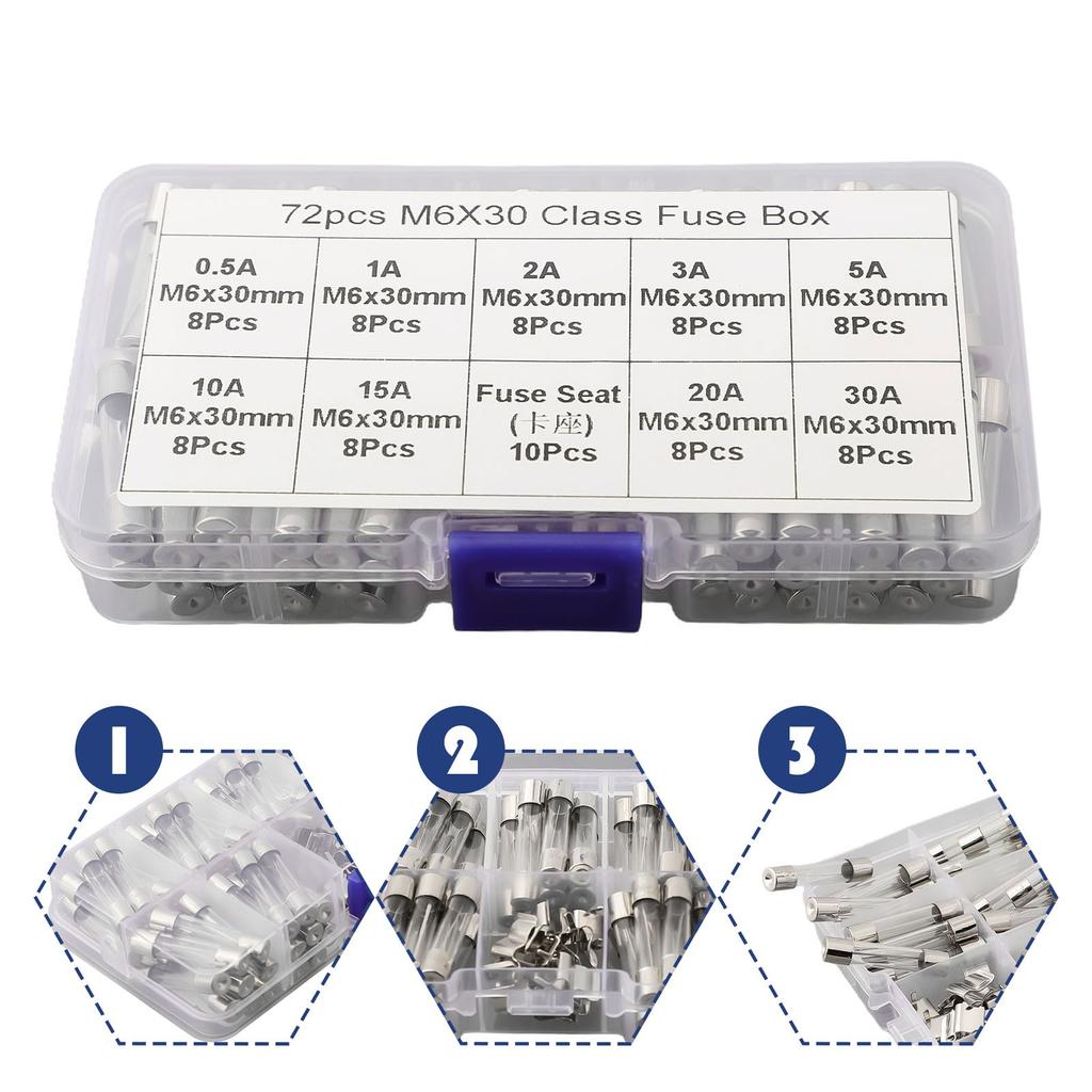 6x30mm 72 Car Boat Quick Blow Glass Tube Fuse Assorted Kit Fast-blow Glass Fuses