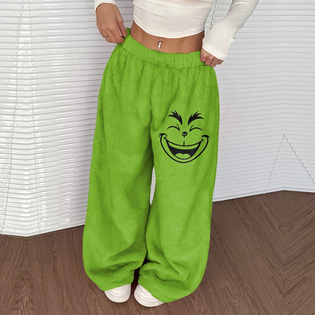 Women's Casual Christmas Print Elastic Waist Loose Fit With Plush Wide Leg Pants