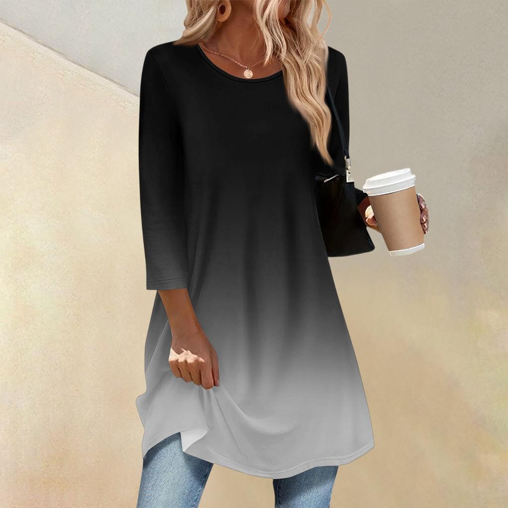 Women's Fashion Casual Three-quarter Sleeve Long Gradient Round Neck Top