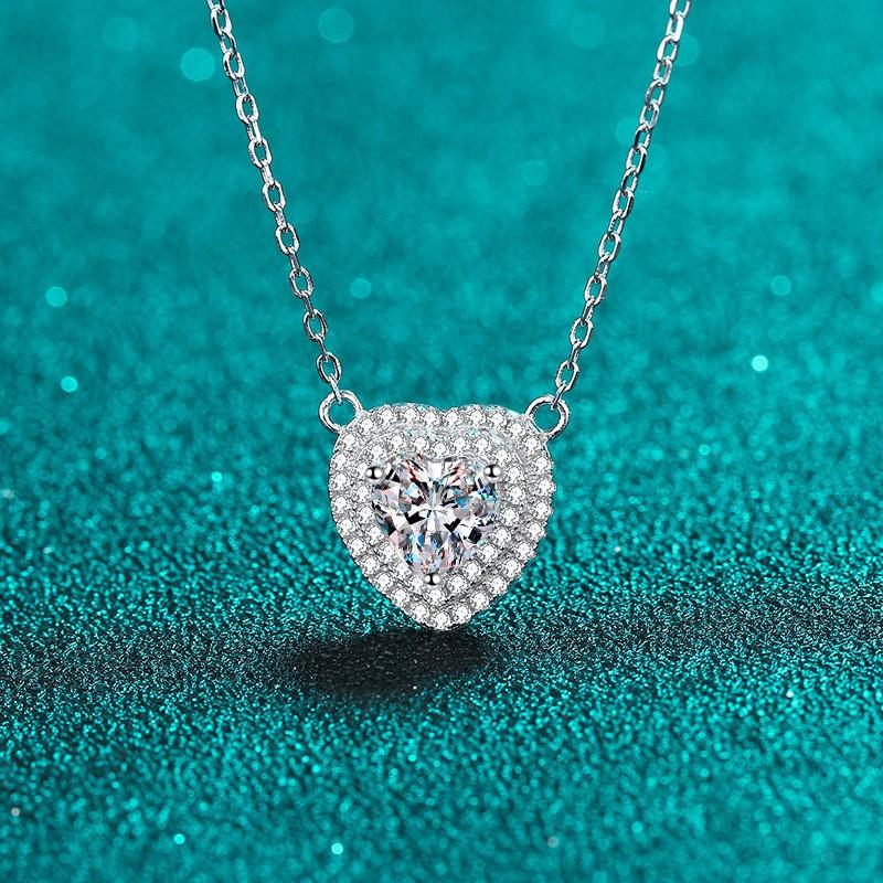 Sterling Heart Pendant Necklace With Moissanite Stone Delicate Chain Women Vintage Style 925 Sterling Silver