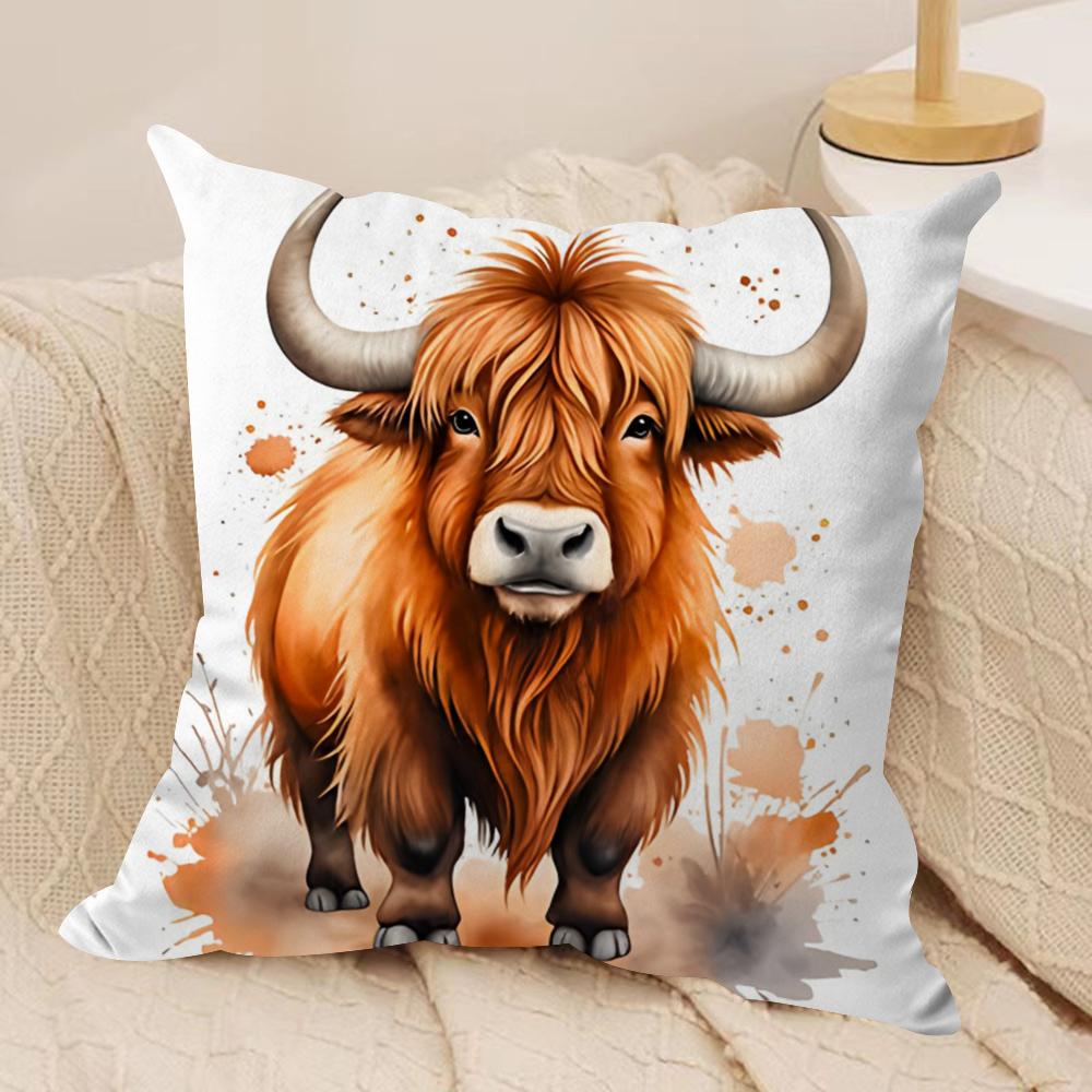Capa de Almofada Vaca das Terras Altas e Flor Tecido de Pelúcia Macio Capas de Almofada Impressas em Ambos os Lados para Todas as Estações Decoração de Casa