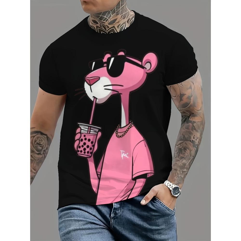 Summer Mens T-shirts Cartoon Pink Panther Print Short Sleeve O-neck Tees Casual Loose Daily Sports Oversized Unisex Tops