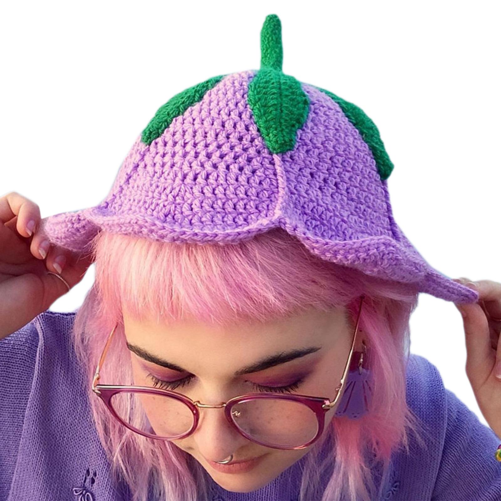 

Модная шапка-бини для женщин и девочек, вязаная крючком фруктовая шапка, шапка из шерстяной пряжи, панама для девочек, милая шапка в стиле Y2K, взрослый головной убор фиолетовый
