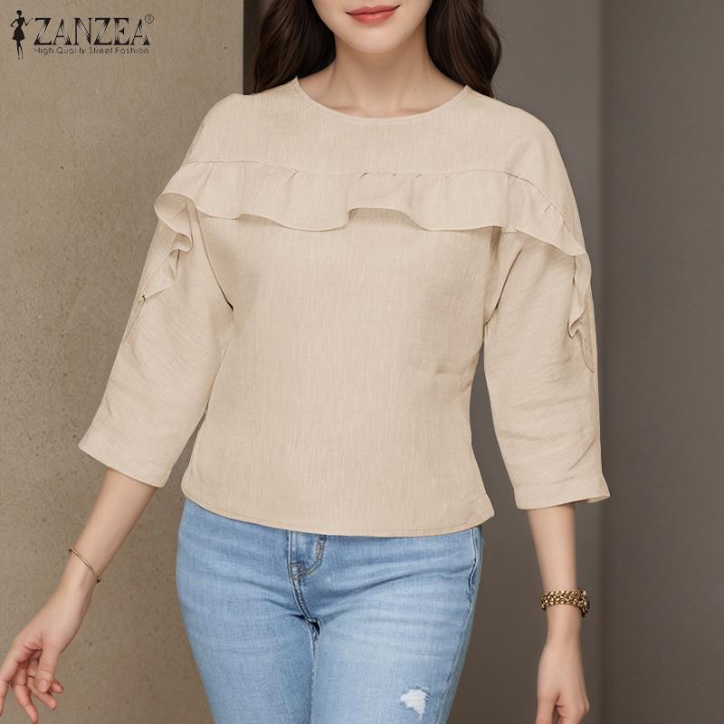 ZANZEA Women Casual Round Neck Solid Color Loose Long Sleeve Blouse