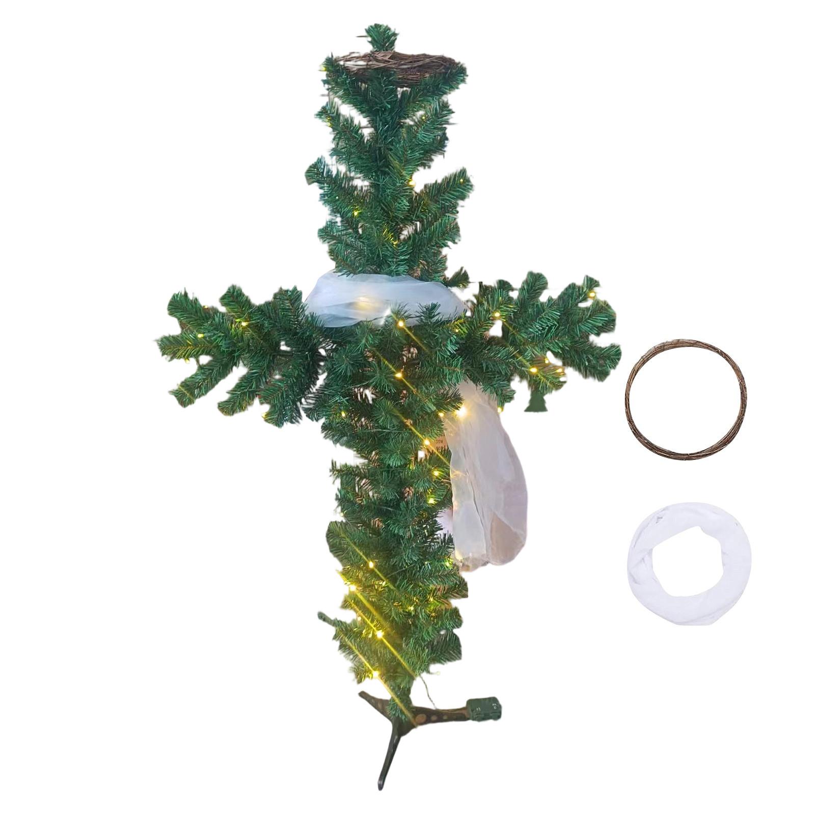 

Рождественская елка в форме креста с огнями, с подсветкой, удлиненная, искусственная елка в форме карандаша, в комплекте с шарфом и рождественским венком, подходит для S