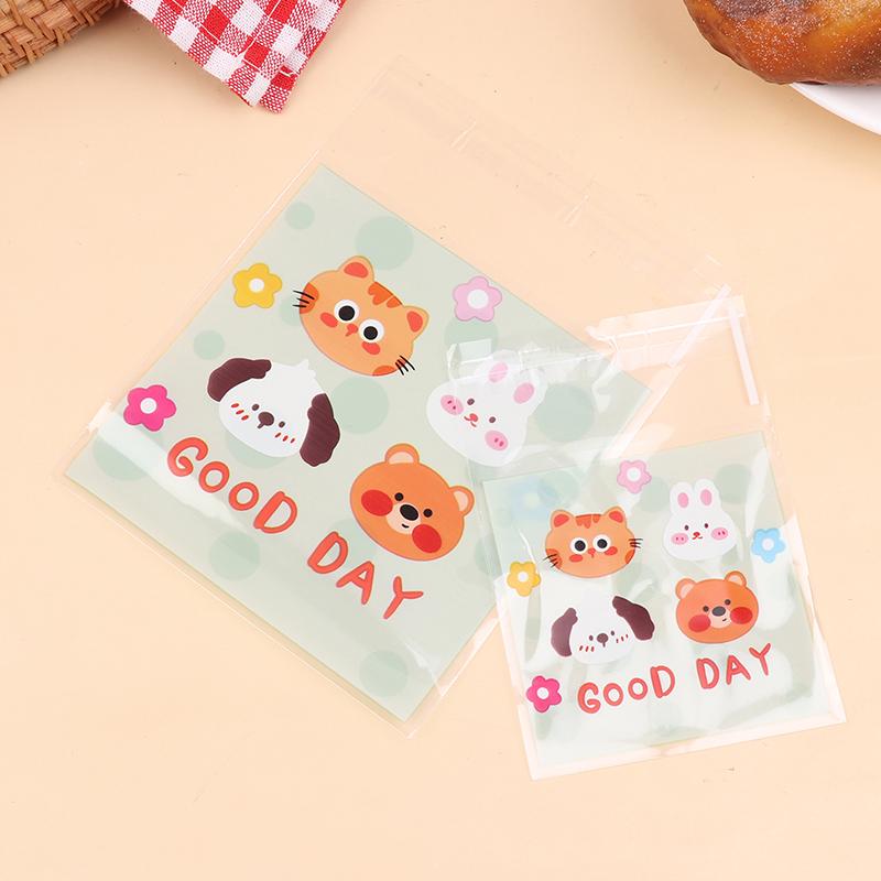100Pcs 7X7+3Cm 10X10+3Cm Cute Cartoon Animal Printed Plastic Self-Adhesive Bags Cookie Biscuits Snack Package For Home Bakeries