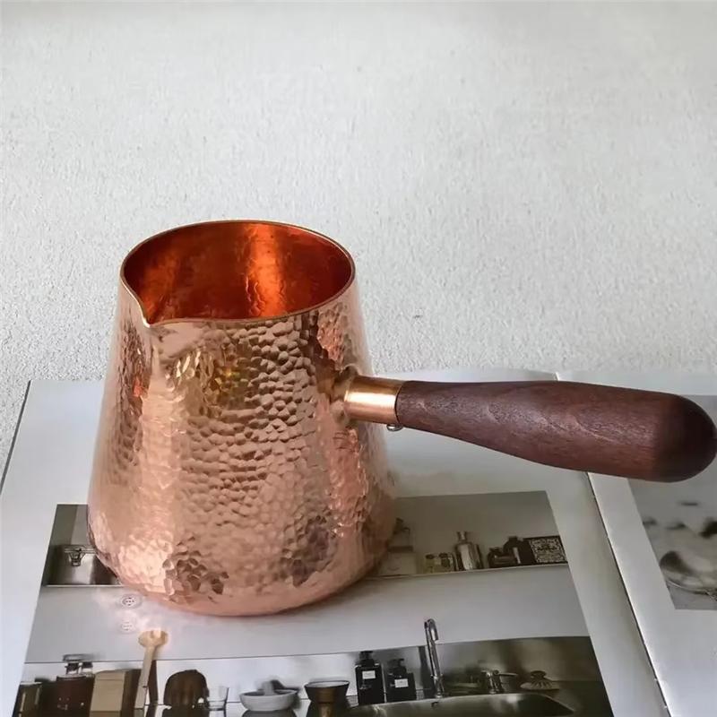 A27F-500Ml Pure Copper Latte Pitcher Milk Jug With Wooden Handle Kettles Hammer Handcraft Drinkware Tableware