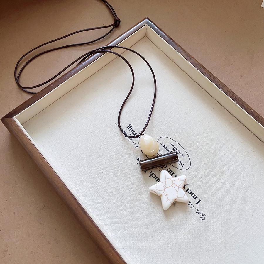 Retro Leather Cord Necklace with Faux Stone, Acrylic Gradient, and Star & Water Drop Charms - Elegant Sweater Chain Jewelry for Women