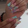 24Pcs Long Square Press On Nails Leopard Print French 3D Cherry Design False Nail Rhinestone Wearable Full Cover Fake Nails Tips