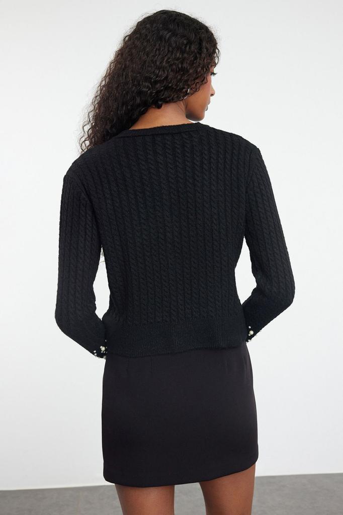 Women's Elegance Style Cardigan Black Crop Soft Textured Pearl Detailed Jacket Look Knitwear Cardigan