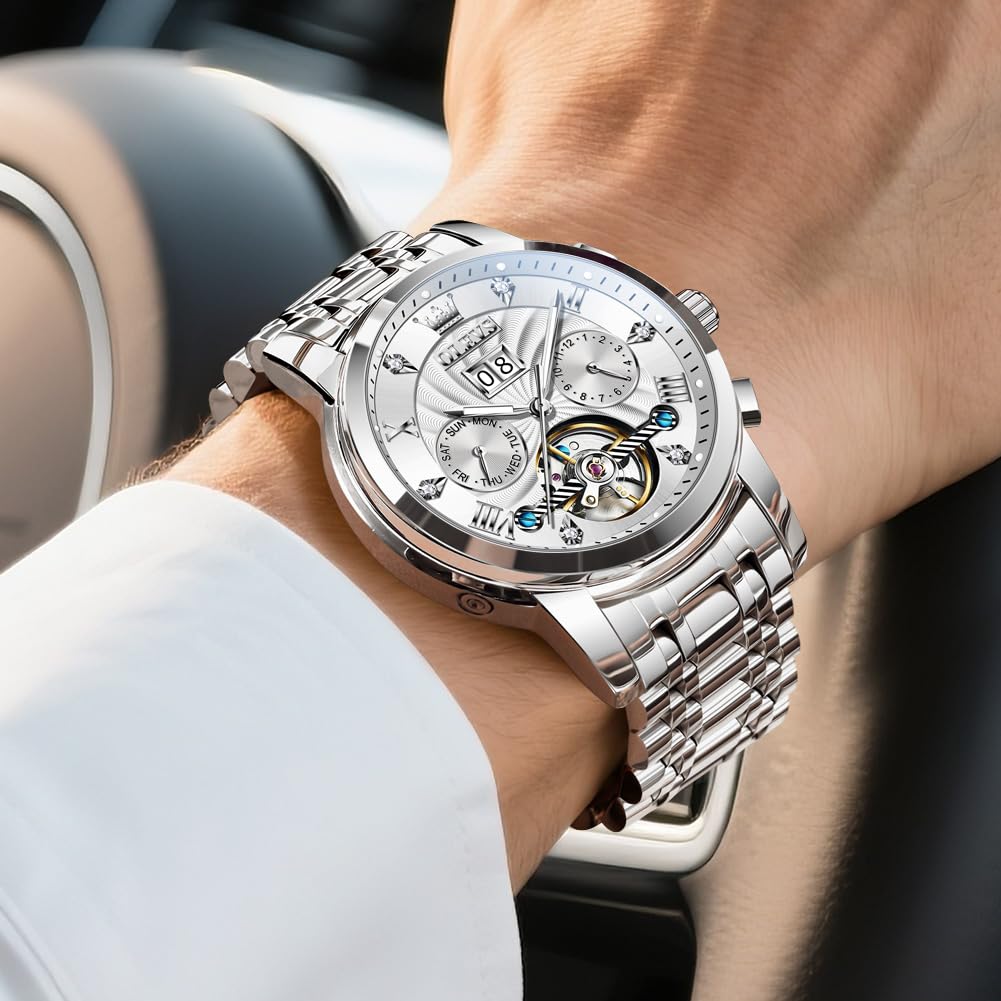 OLEVS Mechanical Automatic Moon Phase Watch Stylish Skeleton Waterproof Popular Luminous Watch for Men