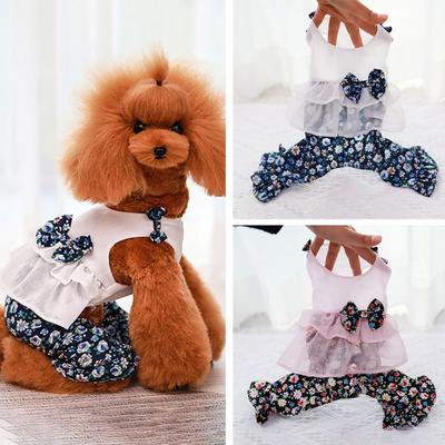 Dog Jumpsuit Round Neck Floral Printed Ruffles Hem Bowknot Romper Pet Dog Pet Supplies