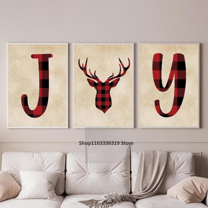 Vintage Joy Christmas Holiday Deer Red Plaid Style Art Poster Canvas Painting Wall Prints Picture for Living Room Home Deco