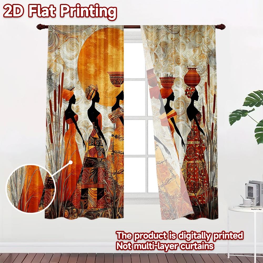 2D flat printing 2pcs Curtain Curtains African Women Carrying Pots Digital Printed Polyester Drapes Family Party for Holiday