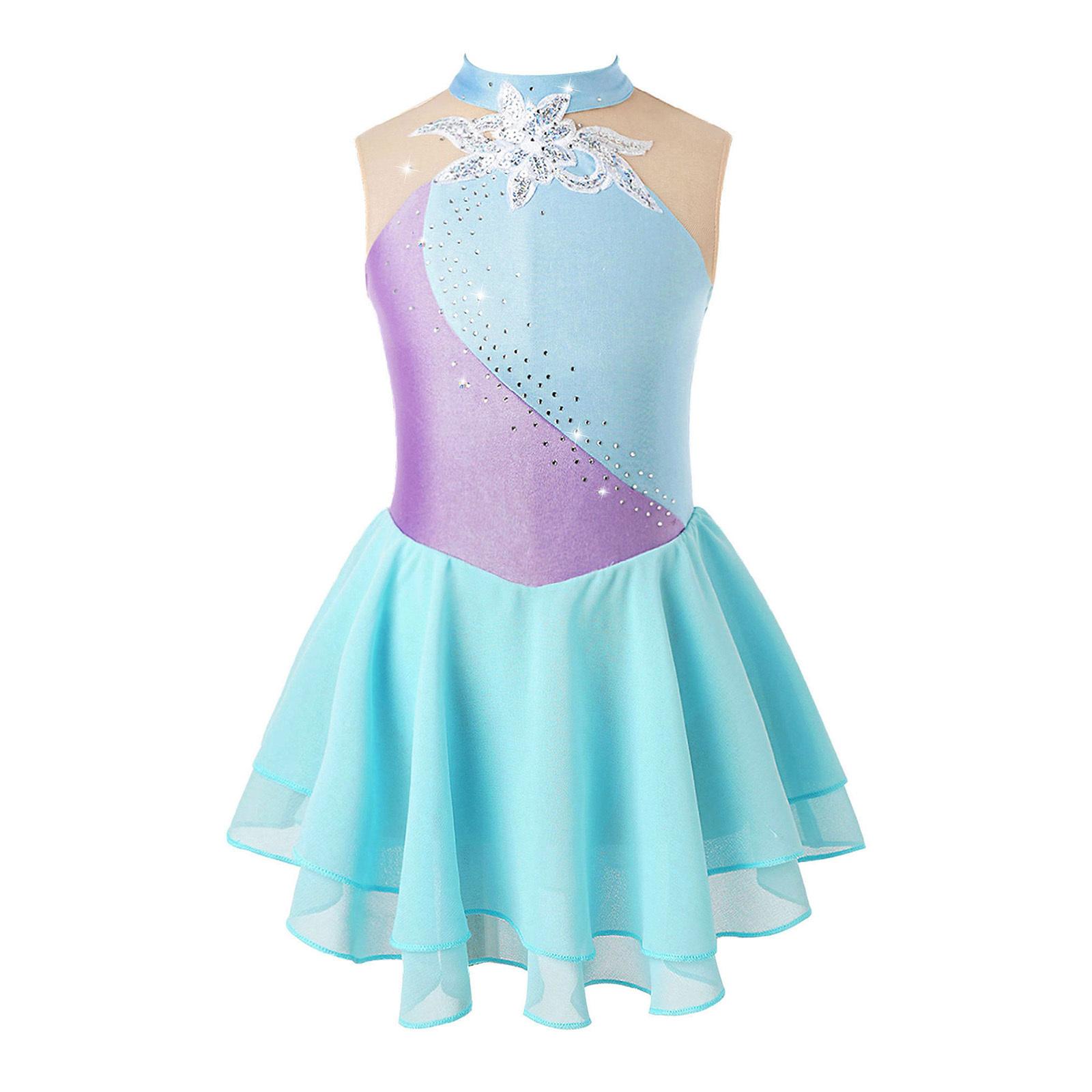 

Girls Skating Dress Sleeveless Round Collar Rhinestone Floral Patchwork Sequin Decorated Performance Costume 5-6 Years світло-синій колір