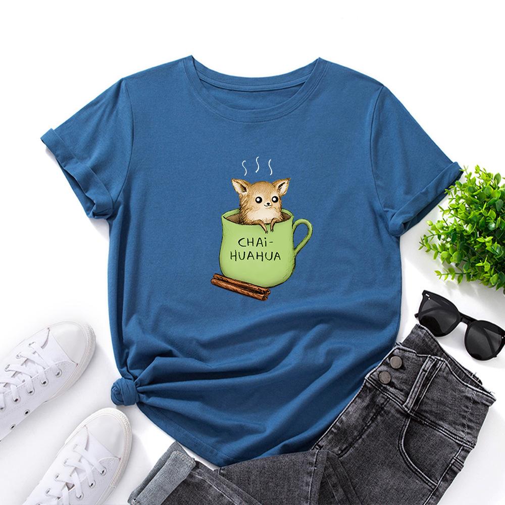 Summer Round Neck Cute Dog and Tea Cup Design Printed T-shirtsFashionable Casual Pure Cotton Short Sleeved Women's T-shirts