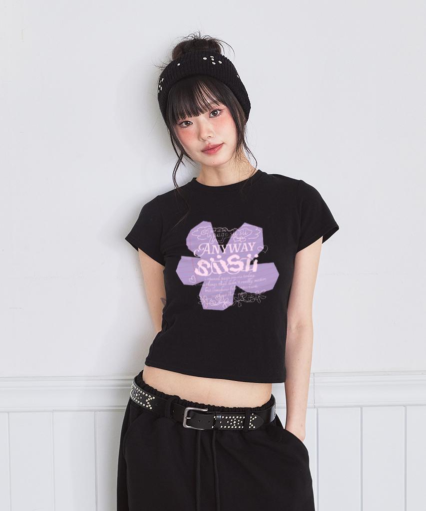 PAGESIISII Note Flower Print Slim Fit Short Sleeve T-Shirt Black