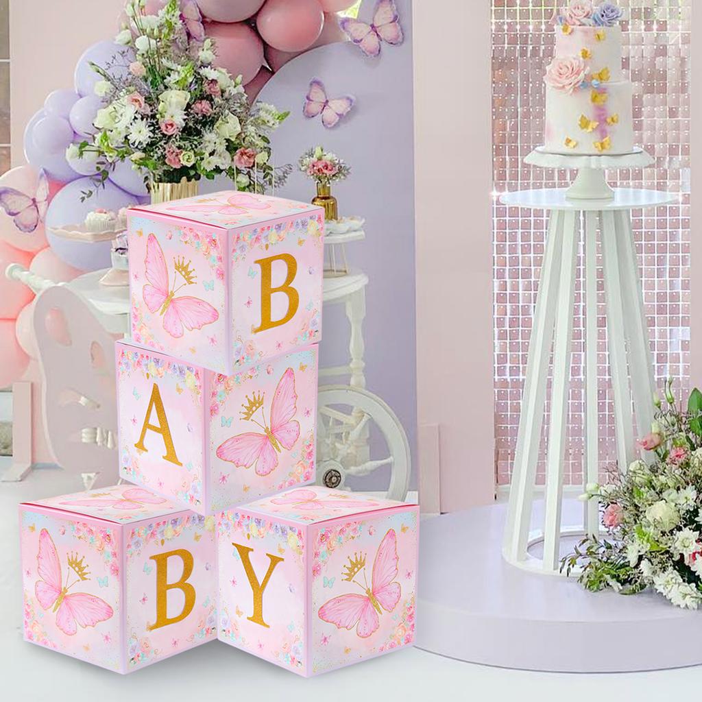 4pcs Baby Shower Boxes Pink Butterfly Balloon Boxes with Printed BABY Letters Blocks Boy Girl Gender Reveal Birthday Favor