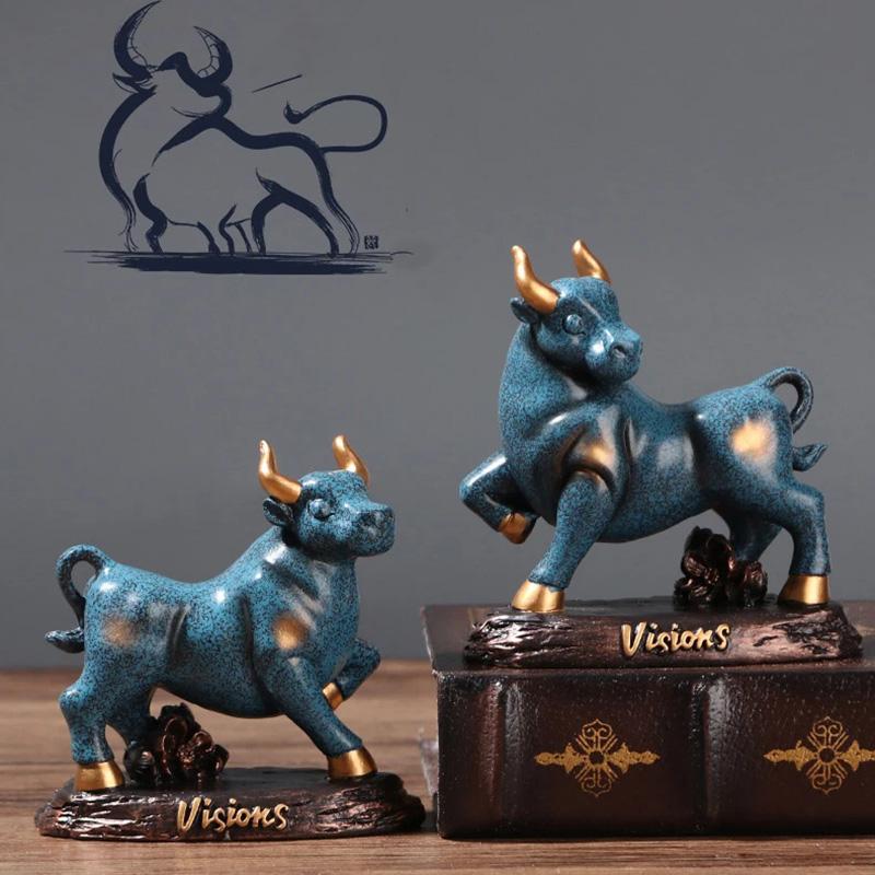 Resin Animal Bull Sculptures and Figurines Cute Home Room Office Table Decoration and Accessories Wealth Luck Feng Shui Decor