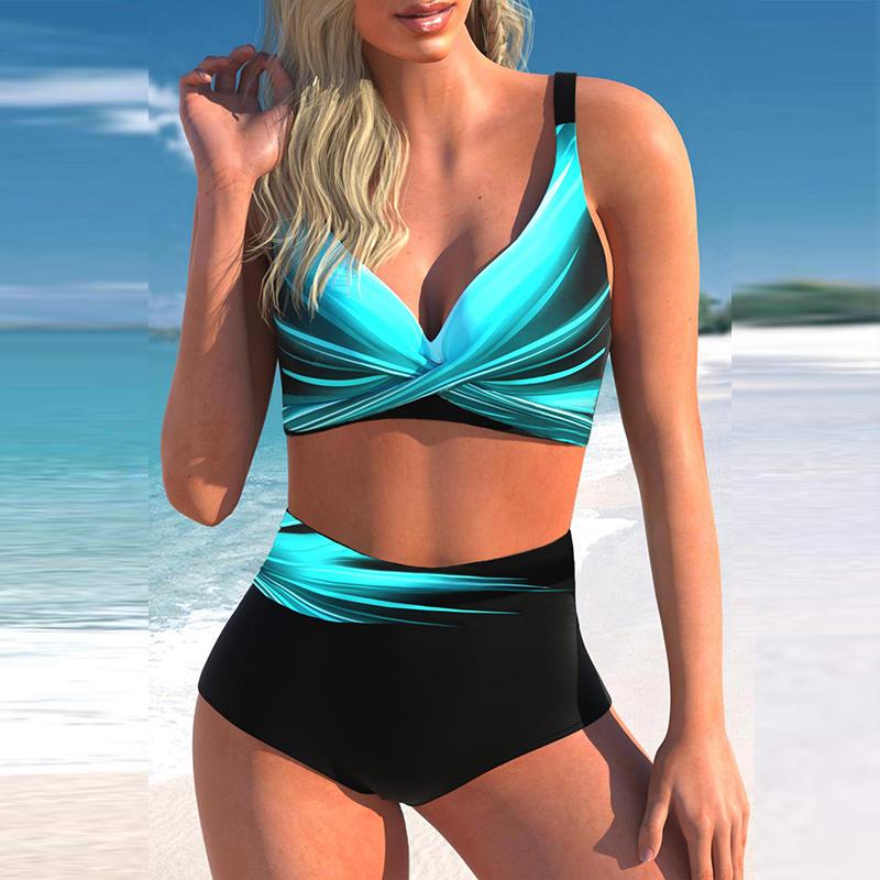 Women's Halter Two Thick Stripes Print Bikini Tankini Swimsuit