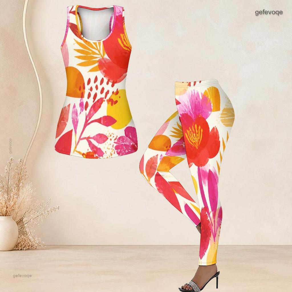 Women Plus Size Two Piece Set Scoop Neck Sleeveless Tank Top Fitted Floral Printed Pants Orange Blue Off White