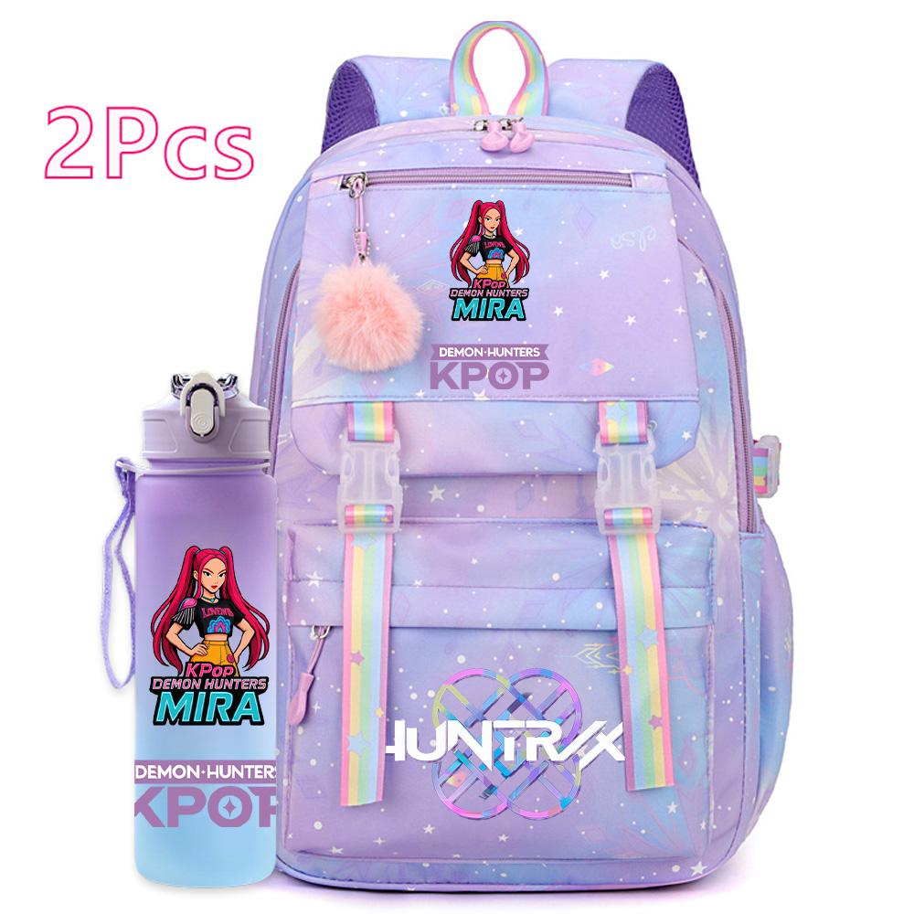 2 st/set Söt Anime Kpop Tryckt Ryggsäck 750 ml Vattenflaska Stor Kapacitet Resväska för Tonårsflicka Pojke Bokväska Barnpresent Rucksak
