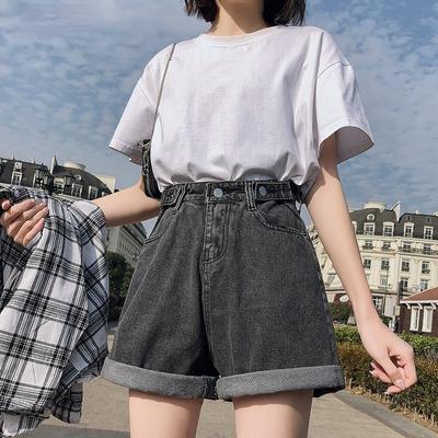 Summer Women High Waist Button Wide Leg Jeans Shorts Casual Female Loose Fit Blue Denim Shorts